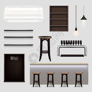 酒吧内部逼真的家具灯具柜台菜单板元素隔离矢量插图图片