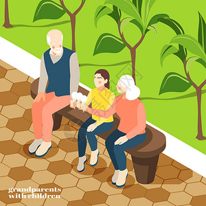 祖父母与孩子等距背景,祖母,祖父孙女吃冰淇淋公园长凳矢量插图图片