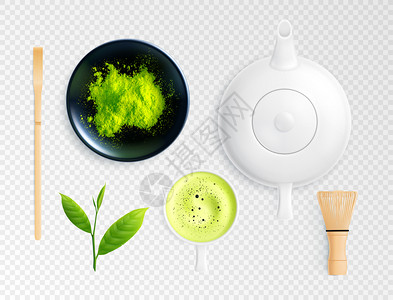 干拌粉抹茶茶写实套与图像基本元素茶道透明背景矢量插图插画