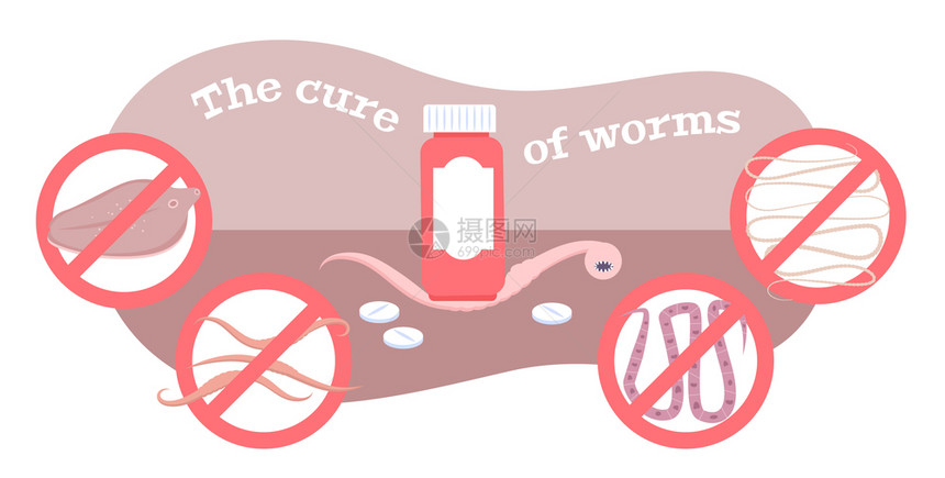 肠道蠕虫治疗药物治疗人动物扁平成分与红色药片瓶载体插图图片
