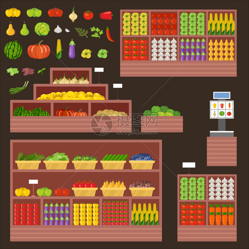 蔬菜水果店家具柜台,橱窗矢量插图图片