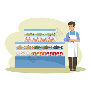海鲜冰冻超市海鲜冰箱鱼店卖方矢量平插图插画