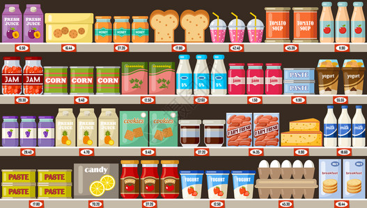 超市,货架上产品饮料矢量平插图图片