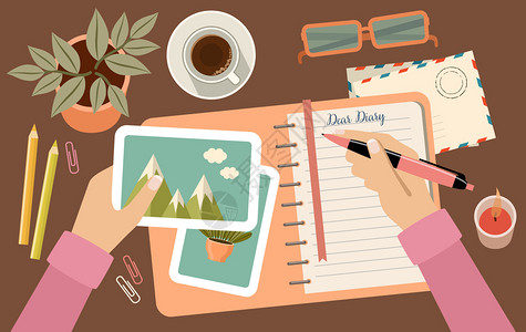 咖啡手女人的手着笔,写着日记个人计划工作场所矢量平插图插画