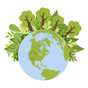 绿色星球生态树花的地球矢量插图图片