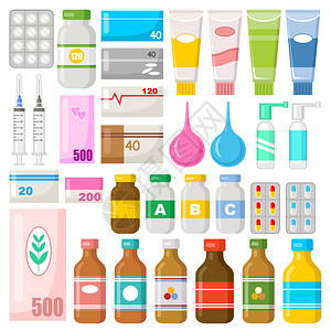 套药物维生素,药物,药丸,软膏矢量平插图图片