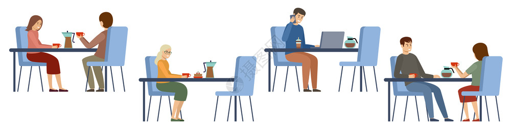 咖啡馆电脑咖啡馆里的人午休时间饮料咖啡时间矢量平插图插画