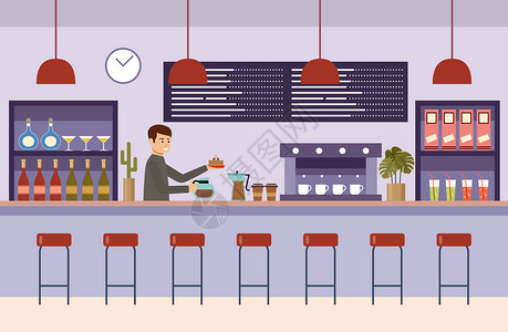 咖啡厅内部酒吧的房间咖啡师着咖啡壶矢量平插图图片
