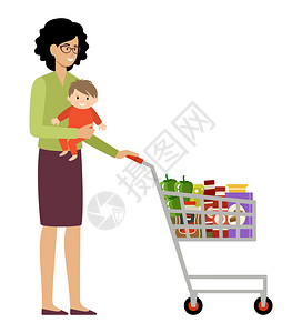 婴儿购物车女人购物者带着购物篮婴儿矢量平插图插画