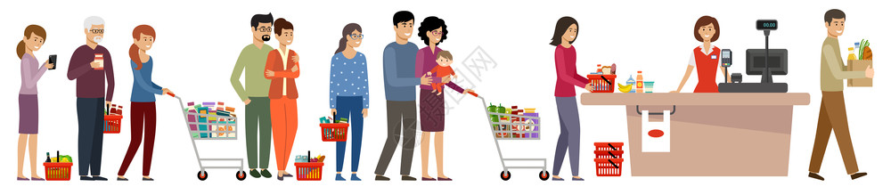 购物排队杂货店排队购物车带食物的篮子的人矢量平插图插画