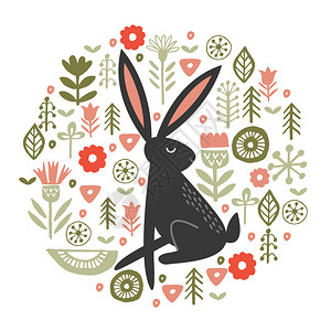 野兔嫩嫩的春花中圆形花卉装饰矢量插图趣的黑色兔子个圆形的花卉图案白色背景上的矢量插图卡片高清图片素材