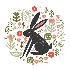 野兔嫩嫩的春花中圆形花卉装饰矢量插图趣的黑色兔子个圆形的花卉图案白色背景上的矢量插图啮齿动物高清图片素材