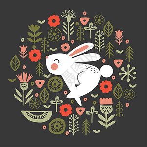 矢量插图可爱的兔子圆形花卉图案,黑暗的背景上趣的白兔圆形花卉图案黑暗背景上的矢量插图绘制高清图片素材