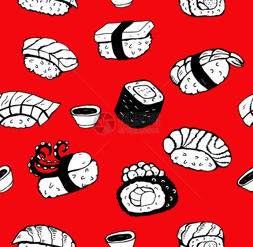 日本寿司无缝黑白图案红色背景上同类型的寿司矢量插图手绘日本寿司无缝黑白图案红色背景上矢图片