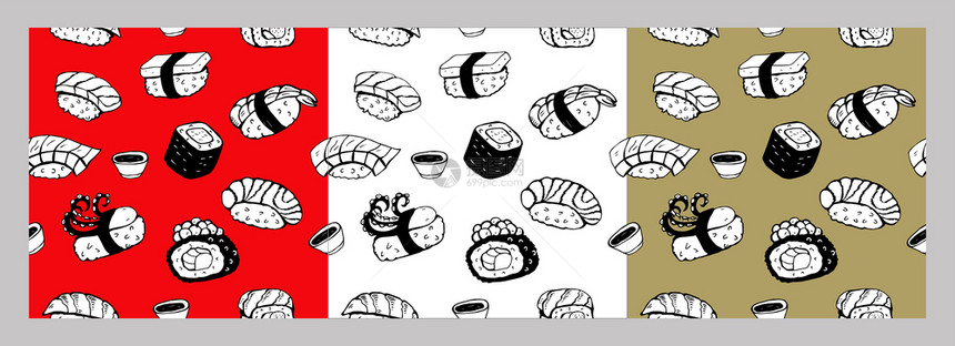 无缝图案寿司卷,黑色矢量线绘制红色,白色金色背景同的寿司种类Maki,Nigiri,Gunkan,Temak图片