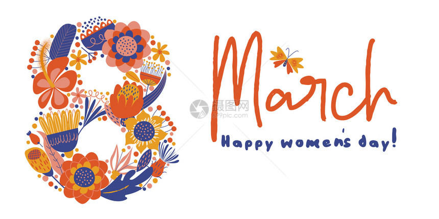 贺卡,3月8日国际妇女节的横幅8号用五颜六色的花装饰白色背景上的矢量插图贺卡,3月8日国际妇女日的横幅白色背景上的矢量插图片
