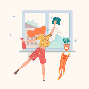 家庭作业可爱的女孩洗窗户窗台上个花盆只红猫试图爬上窗台矢量插图房屋清洁光背景上的矢量插图女孩背景图片