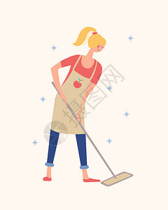 女孩用拖把拖地家务,打扫房子浅色背景上的矢量插图女孩用拖把拖地矢量插图图片