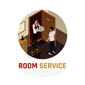 客房服务圆形构图,服务员将食物托盘带酒店房间等距矢量插图图片