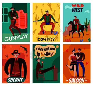 野生西部牛仔卡套六平图像构图与卡通风格的人物矢量插图平坦的狂野西牌图片