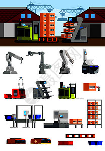 仓库机器人平图标与自动装载机,机械臂设备,用于条形编码孤立矢量插图背景图片