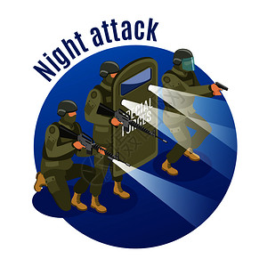 事特种部队夜间攻击时携带防护装备,蓝色背景等距矢量插图夜间攻击等距插图图片
