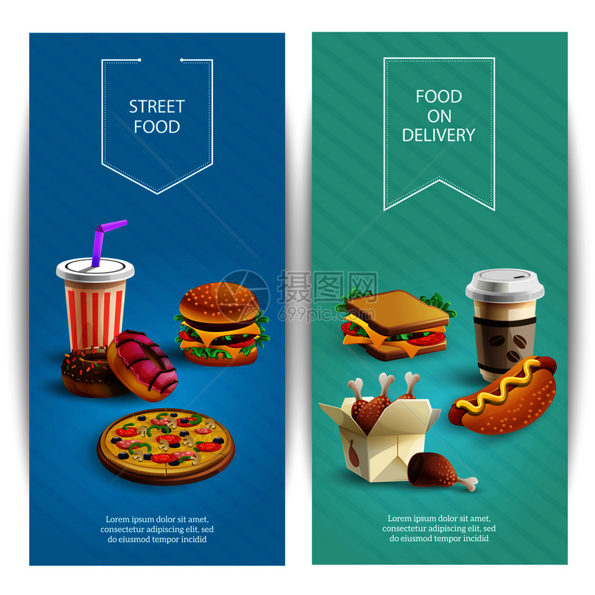 垂直卡通横幅美味的快餐菜肴彩色背景矢量插图图片