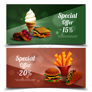 快餐特别提供水平横幅汉堡薯条冰淇淋甜甜圈三明治卡通孤立矢量插图图片