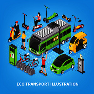 生态交通等距矢量图与城市公共汽车电动汽车自行车停车人骑陀螺仪滑板车图片