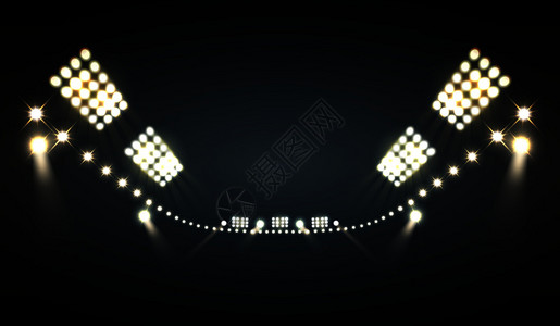 体育场泛光灯现实背景与明亮的灯光符号矢量插图图片