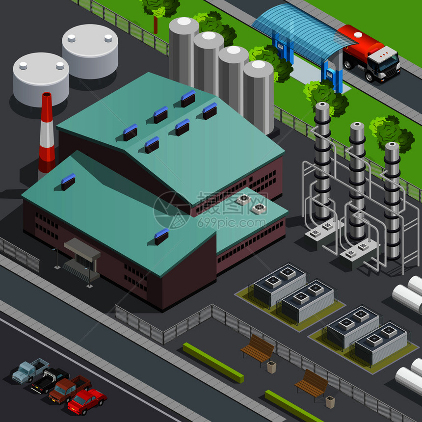 彩色等距炼油厂运输成三维矢量图图片
