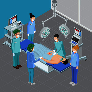 医疗设备等距成与手术室的设备人员手术攻击矢量插图图片