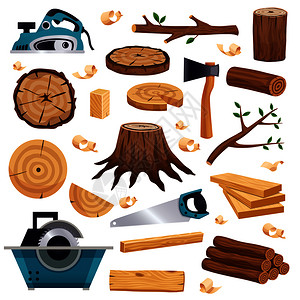 木材工业材料工具生产平套树干原木木板锯斧头矢量插图图片