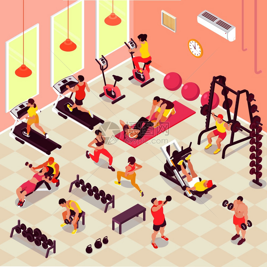 男女健身房进行健身氧体重训练的三维等距矢量插图等距适应度插图图片