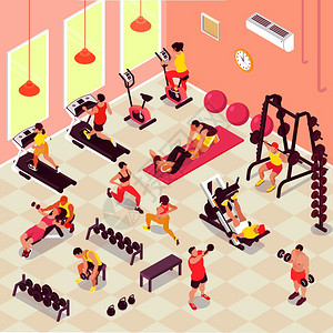 男女健身房进行健身氧体重训练的三维等距矢量插图等距适应度插图图片