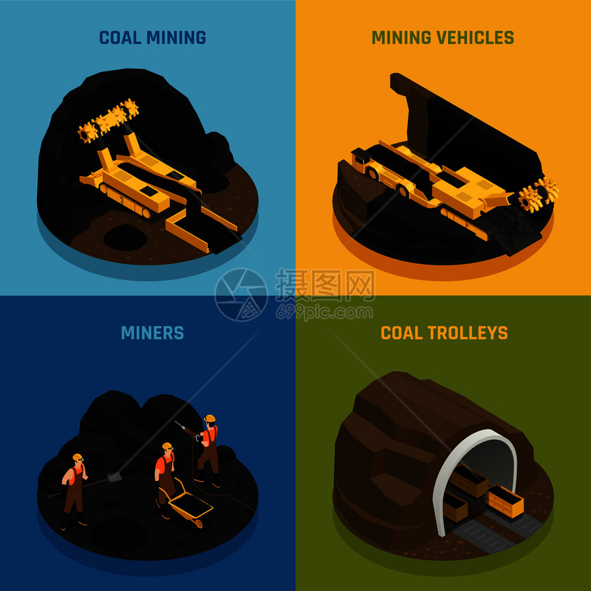 矿工工作车辆设备的采煤等距孤立矢量插图图片