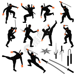 等距忍者图标与人的角色的战士华而实的姿势与矢量插图背景图片