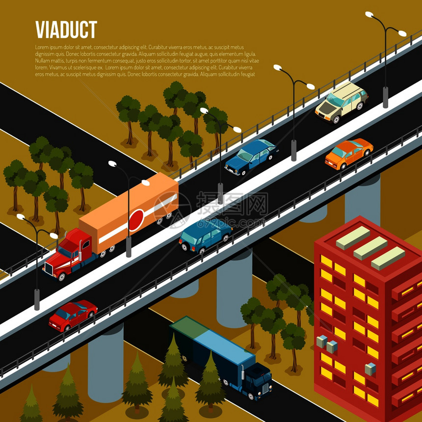 车辆高架桥承载着繁忙的郊区城市街道邻近的山谷等距成矢量图高架桥城市等距成图片
