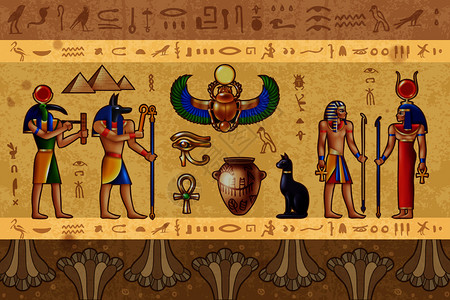 古埃及象形文字埃及水平矢量插图与古埃及神边界图案成的神秘符号埃及水平插图插画