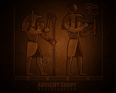 古埃及文明卡通矢量插图与著名的神秘神与动物的头古埃及插图背景图片
