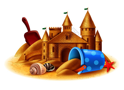 蜗牛的移动城堡沙堡建设的现实背景与沙坑工具包贝壳海滩矢量插图沙堡现实背景插画