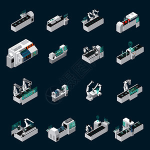 工业测量工业机器人自动化等距的孤立图像集与机器人医疗生产设施矢量插图的图标机器人医疗未来集插画