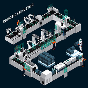 带式输送机工业机器人自动化等距成与人类字符机器人手臂机械手与文本标题矢量插图自动输送机等距背景插画