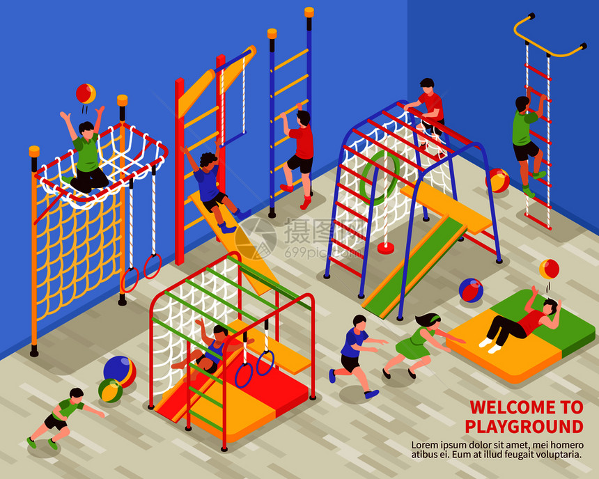 儿童运动复杂的构图与室内体操区,为儿童与彩色爬架文本矢量插图孩子们运动操场背景图片