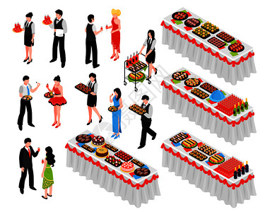 宴会服务等距宴会接待晚宴套人物长桌与各种菜肴矢量插图宴会等距元素集插画
