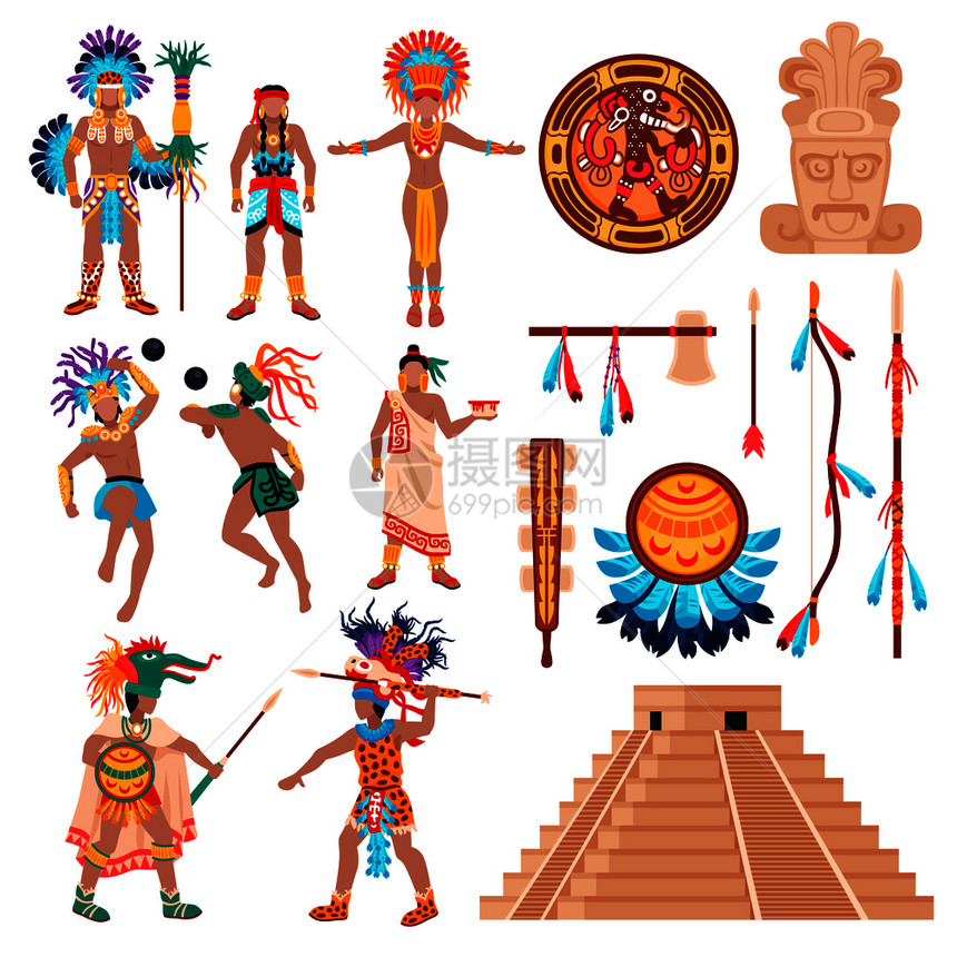 玛雅文明集民族物品偶像人类人物元素为体的美国部落文化矢量插图玛雅文化元素集图片