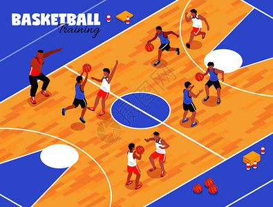 篮球游戏等距学校体育儿童队篮球背景构图,以篮球场玩儿童矢量插图为视角儿童篮球队背景插画