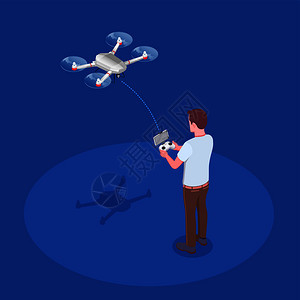 人驾驶四翼无人机与手持发射机遥控飞行等距成蓝色背景矢量插图图片