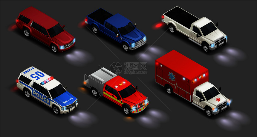 运输逼真的等距汽车应急车辆货车卡车与灯光上的矢量插图图片