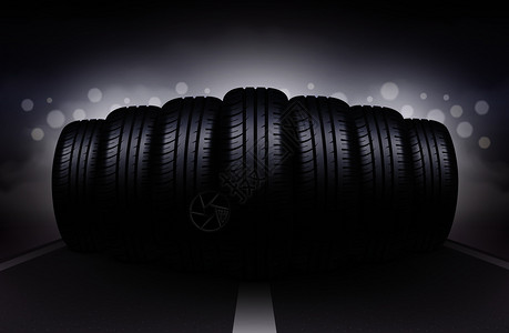 夜间巷道真实背景与汽车轮胎相同的胎图案矢量插图夜间道路上的汽车轮胎背景图片